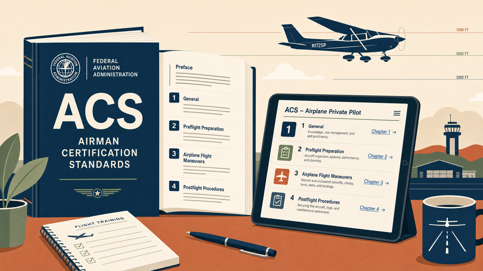 Flat vector illustration of an open FAA Airman Certification Standards book, a tablet showing a hyperlinked ACS document, and a Cessna 172 silhouette on the horizon